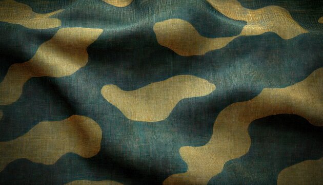 green and tan camouflage fabric with woven texture, organic splotch pattern and soft folds evoking a rugged, stealthy, earthy mood