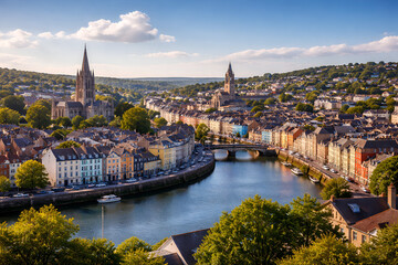 Obraz premium Romantic European City Canal View with Historic Architecture and Stone Bridge During Golden Hour Evening Sunset