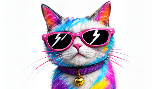 Cool Cat in Technicolor: A vibrantly colored cat, donned with stylish sunglasses, exudes coolness. Its playful design is perfect for those who appreciate the fusion of art and feline charm.
