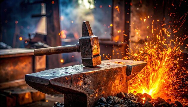 Industrial blacksmith hammer resting on a rugged iron anvil with glowing orange sparks and fire in a dark forge workshop, cinematic banner representing traditional craftsmanship and metalwork.