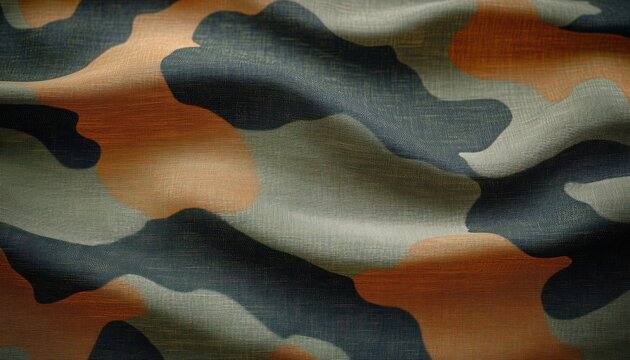 Textured camouflage fabric with wavy folds in olive green, dark gray and rust tones, evoking rugged warmth and subtle movement