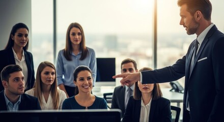 Obraz premium Business Team Meeting With Manager Pointing at Employee.