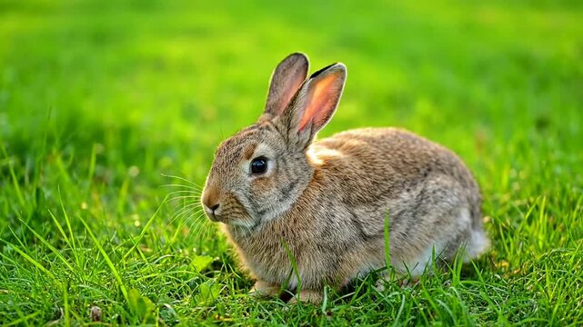 wild brown hare sitting relaxed on lush green grass meadow during golden daylight natural wildlife photography closeup showing soft fur texture peaceful outdoor nature scene vibrant outdoor animal