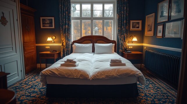Luxurious hotel bedroom with double bed