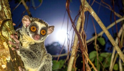 Fototapeta premium Long fingered aye aye lemur with large amber eyes clinging to tree bark in the dark Madagascar forest at night. Cinematic 16 to 9 widescreen banner capturing exotic nocturnal wildlife behavior.