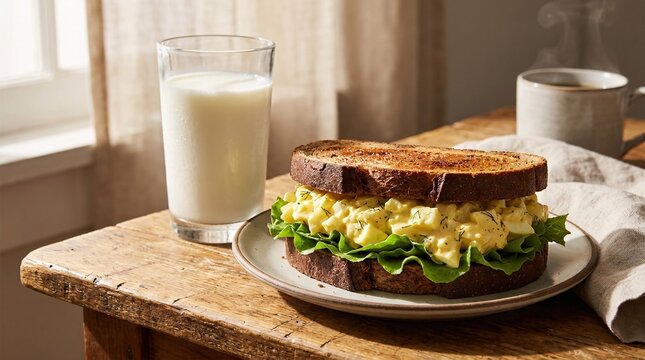 Classic egg salad sandwich with thick layers of creamy yellow filling between two slices of toasted dark rye bread, served with cold milk.