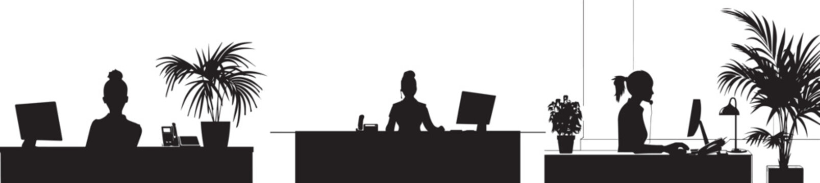 Professional Receptionist Sitting at Front Desk Welcoming Visitor in Corporate Office, Hotel or Business Reception Area Vector Illustration, Customer Service and Hospitality Concept Vector Silhouette