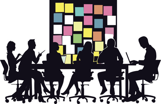 Business Team Brainstorming Ideas Together Around Office Table with Sticky Notes and Whiteboard, Creative Collaboration and Problem Solving Vector Illustration, Corporate Teamwork and Innovation Conce