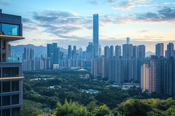 Obraz premium Tranquil modern city skyline at dusk with towering central glass skyscraper, dense residential high-rises, leafy urban park in foreground, distant mountains and soft clouded sky