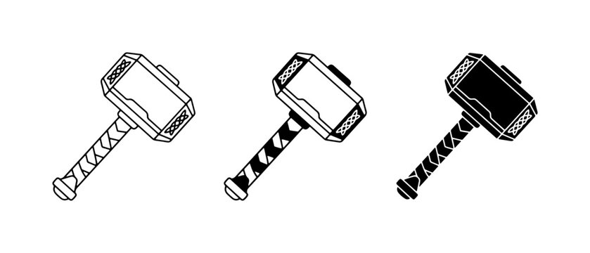 Thor Hammer Vector Icons, Mjolnir Symbol, Norse Mythology Weapon, Fantasy Tool Graphics
