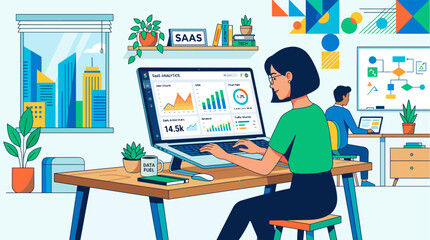 Fototapeta premium Professional woman working on a laptop with a SaaS data dashboard featuring financial analytics and growth charts in a modern office
