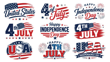 Fototapeta premium Collection of 4th of july typographic illustrations with patriotic themes and american flags