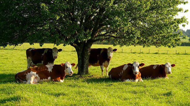 Contentious herd of brown and white dairy cows grazing peacefully beneath a large leafy shade tree in lush green pasture under bright natural sunlight creating serene rural farmland atmosphere