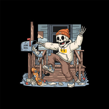 Skeleton character dancing with skateboard and mailbox.