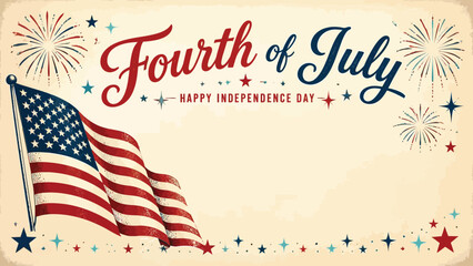 Obraz premium American flag waving with fourth of july greeting and fireworks on beige background with stars