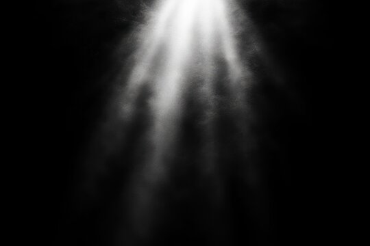 single dramatic white beam of light piercing a dark space with floating dust and mist, creating a mysterious and hopeful atmospheric mood