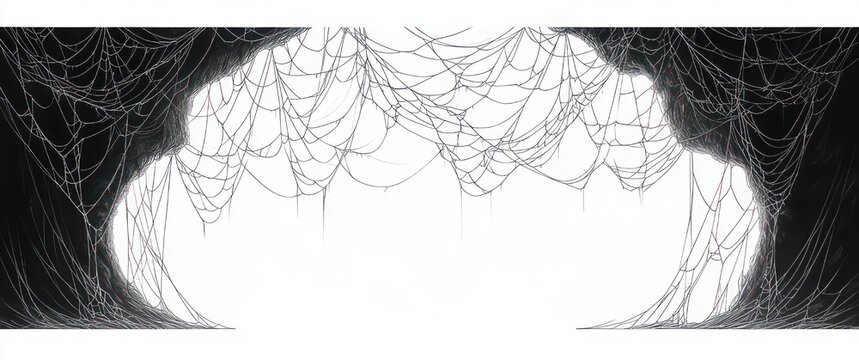 eerie cavern entrance draped in tangled spiderwebs, dark rock silhouettes framing a bright empty void