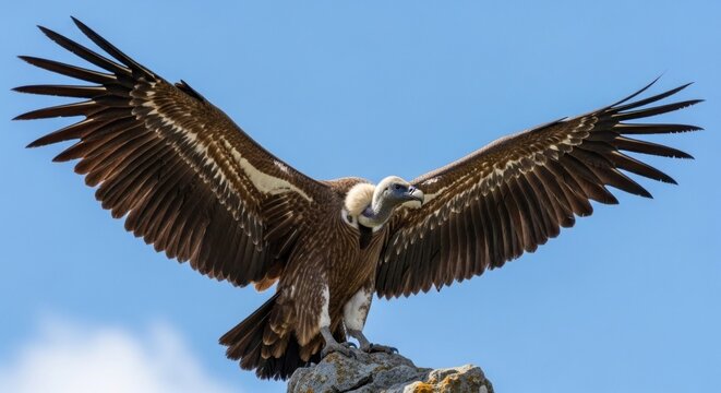 Majestic Griffon Vulture Spreading Wings Against Blue Sky.