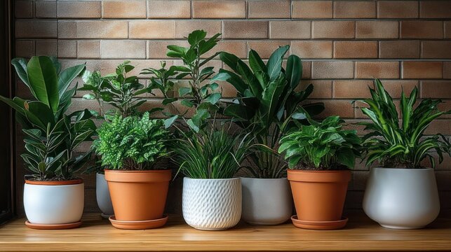 row of assorted potted houseplants in terracotta and ceramic pots on a wooden shelf against a brick wall, evoking a calm cozy atmosphere