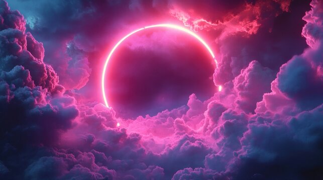 glowing neon ring framing a dark orb amid luminous pink and purple clouds, surreal celestial cloudscape evoking wonder and mystery