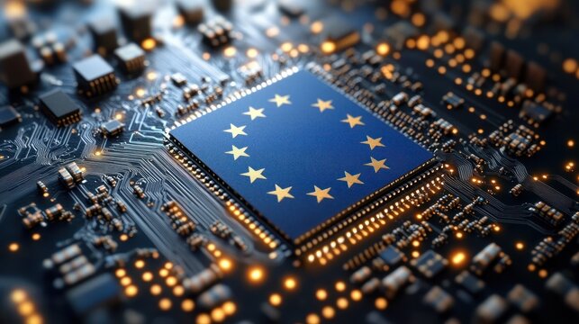 glowing blue microchip topped with gold stars on a dense circuit board, illuminated traces and tiny components conveying futuristic innovation and connectivity