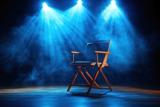 Empty wooden folding chair with armrests on a wooden stage floor under three blue spotlights and haze, dramatic moody atmosphere of anticipation and solitude