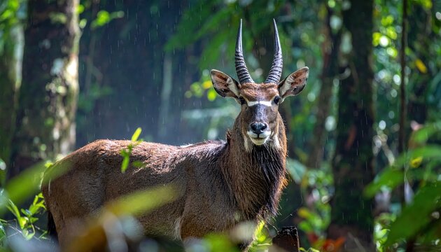 A rare Saola with long straight horns and distinct white facial markings stands cautiously in a lush tropical rainforest, captured in a cinematic widescreen composition during a gentle rainfall.