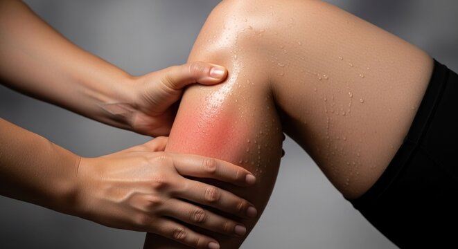 Closeup of a persons swollen and inflamed thigh receiving a massage.