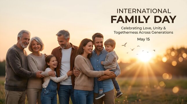 Multi generational family embracing outdoors at sunset on international family day