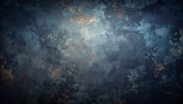 This moody abstract texture features deep blue and grey tones with worn metallic gold accents. Ideal for cinematic backgrounds, artistic overlays, and highend product presentations.