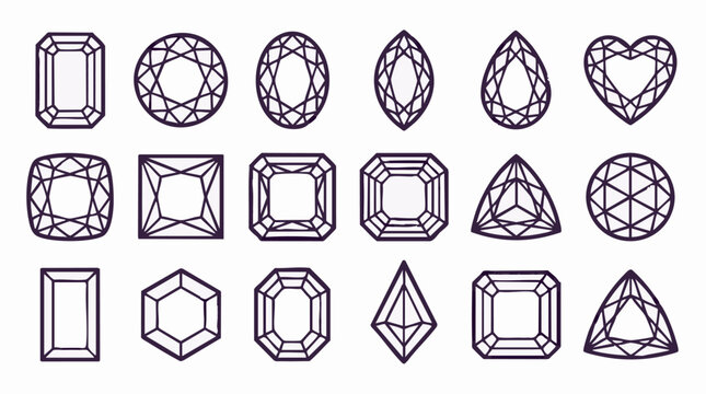 Gemstone cuts set, vector line art illustration of different shapes
