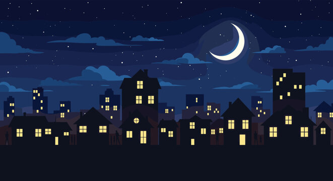 Peaceful night cityscape showing silhouettes of houses and buildings with glowing windows under a starry sky and crescent moon.