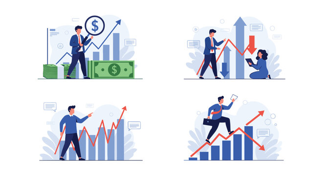 Business growth illustrations showing market trends, financial success, and professional people analyzing data with charts and graphs.