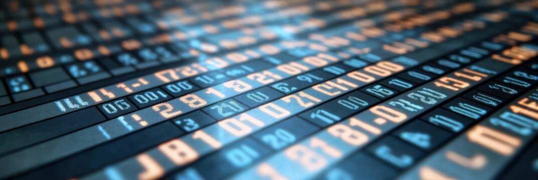 angled close-up of glowing blue and orange numeric data rows on a digital information display, conveying a dynamic futuristic and focused atmosphere