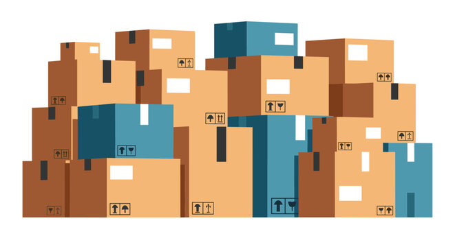 Large stack of cardboard shipping boxes in different sizes and colors represents logistics and delivery services.