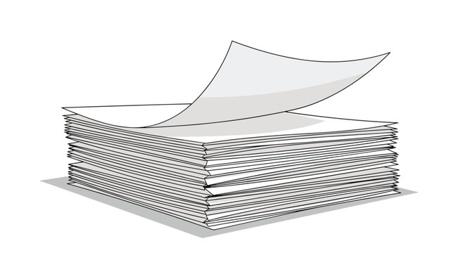 Simple illustration of a thick stack of white paper with the top sheet curling upwards to represent a blank document or manuscript waiting.