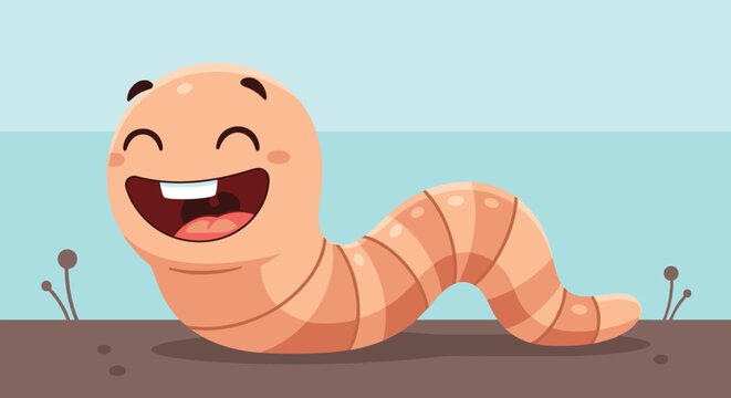 Friendly cartoon earthworm with a wide smile and two teeth crawling across brown soil under a clear light blue sky background illustration.