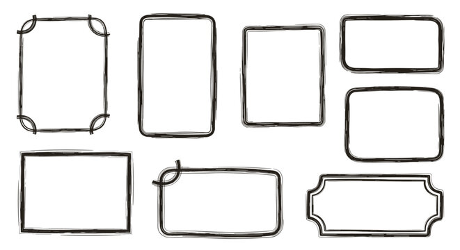 Variety of hand-drawn rectangle and square frames with rough textured borders for creative photo or text placement.