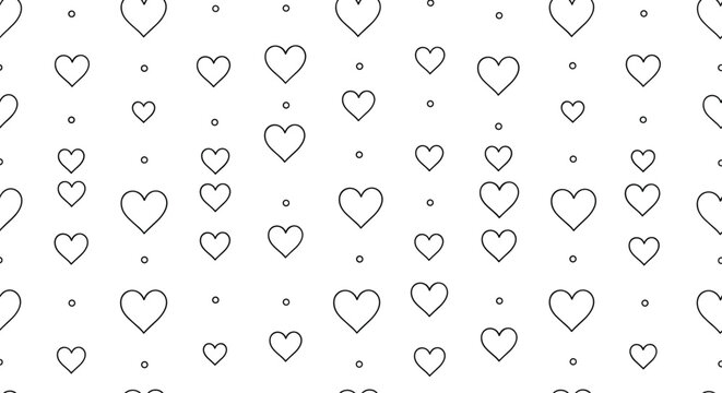 Seamless pattern of various sized black heart outlines and small dots arranged in vertical lines on a white background.