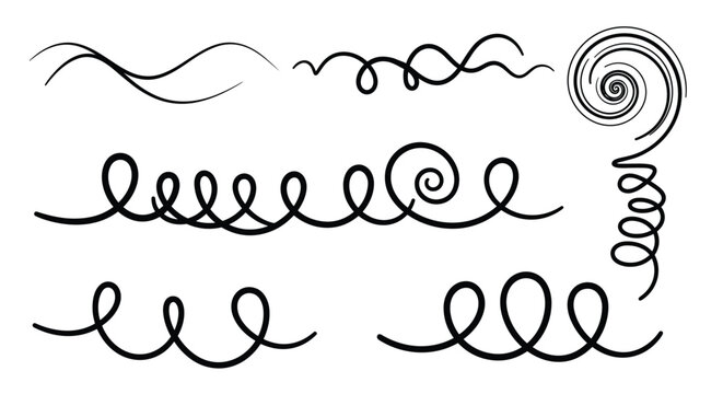 Set of black hand drawn abstract swirly curly and wavy lines on white background for creative design elements.