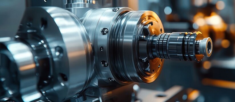 close-up of shiny metal spindle and precision cutting tool in a cnc machining center conveying focus and industrial precision