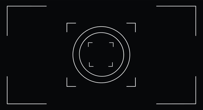Digital camera viewfinder interface focus frame with white lines and circles on a solid black background.