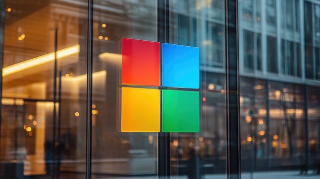 multicolored four-square window logo on glass storefront with warm interior lights and urban reflections, modern corporate atmosphere