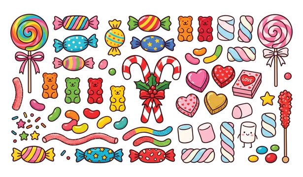 Hand drawn candy and lollipop vector illustration set with Valentine and Christmas sweets isolated on white background