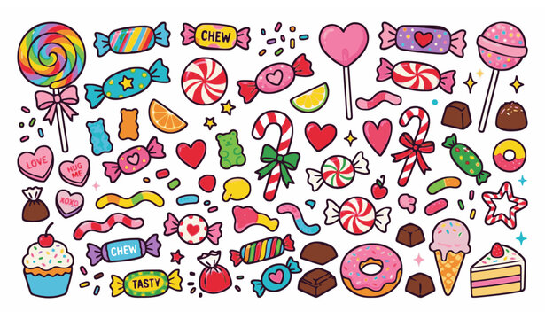 Candy and lollipop vector set with chewing sweets Valentine gifts and Christmas candy isolated on white background