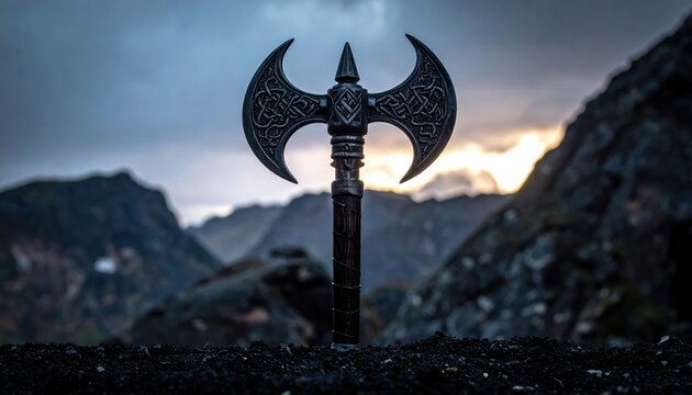 A massive double sided battle axe with intricate celtic knotwork carvings stands upright in dark soil against a cinematic mountain backdrop under a sunset sky, representing power and fantasy.