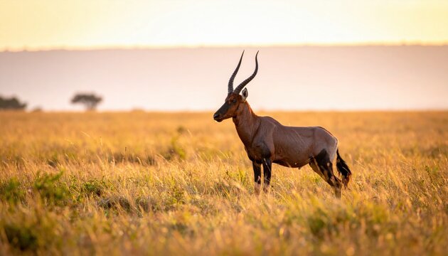 Elegant Topi Antelope Standing in Golden African Savanna Grass at Sunset, majestic wildlife animal with curved horns and reddish fur in a cinematic widescreen landscape under warm morning light.