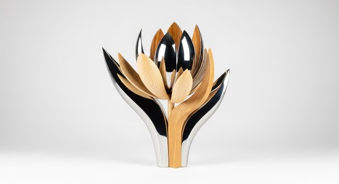 Una scultura astratta fonde legno naturale e metallo lucido, creando forme floreali stilizzate e armoniose in un design moderno ed elegante, structure, artistic, design
