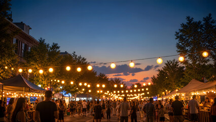 Fototapeta premium Generic summer street festival with lanterns and evening crowd