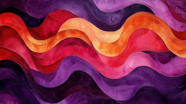 Vibrant layered waves of orange, red, pink and purple with textured brushstrokes conveying dynamic flowing energy